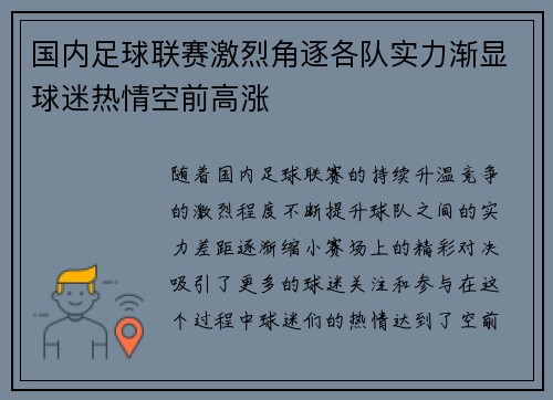 国内足球联赛激烈角逐各队实力渐显球迷热情空前高涨