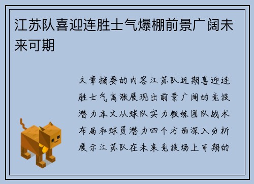 江苏队喜迎连胜士气爆棚前景广阔未来可期