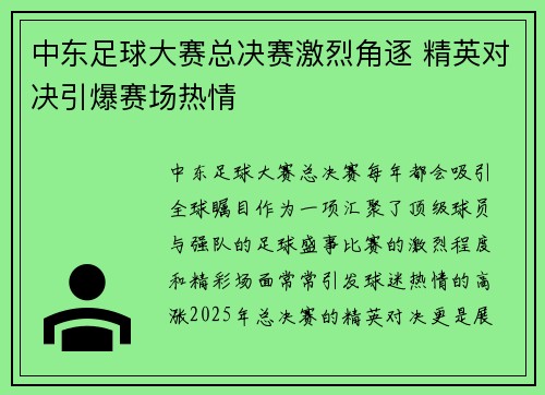 中东足球大赛总决赛激烈角逐 精英对决引爆赛场热情